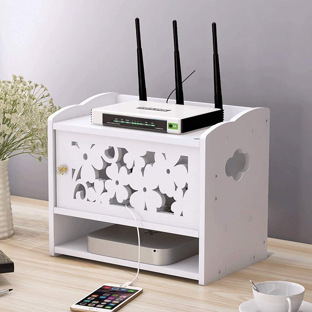 ❀❀❀Wifi-Router-Regal,Desktop-Deko-Box, Aufbewahrungsbox for kabellose Router – weiße WLAN-Router-Aufbewahrungsbox, kreative Netzkabel-Finishing-Box, Holz-Kunststoffplatte, Set-Top-Box-Rack, doppeltes