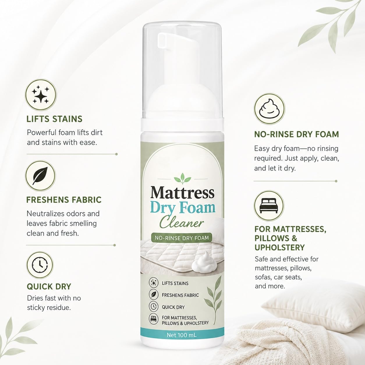 No-Rinse Mattress Dry Foam Cleaner, Quick-Dry Mattress Cleaner Spray, Mattress Clean Stain Remover Foam Spray, Multi-Surface Polsterreinigungsspray, Tiefenreinigungsspray für Matratzen (6pcs)