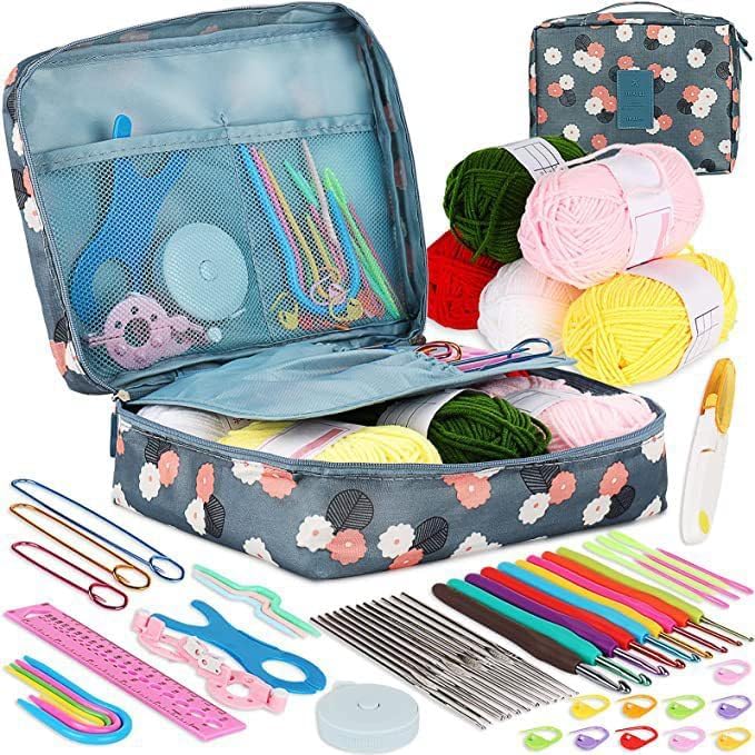 58pcs Crochet Kits for Beginners, Stainless Steel Crochet Hooks with Non-Slip Soft Grip Handles, Includes Stitch Markers, Needles, Tape Measure, Yarn Needles, Perfect Knitting Gift