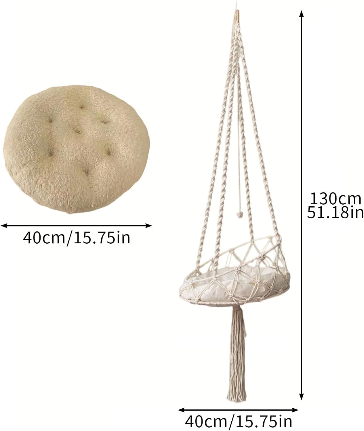 Tissting 51.18in Macrame Cat Hammock - Hanging Cat Bed with Handwoven Cotton Rope, Boho Wall Mounted Swing & Perch for Play Rest, Home Decor Gift (130cm/51.18in)