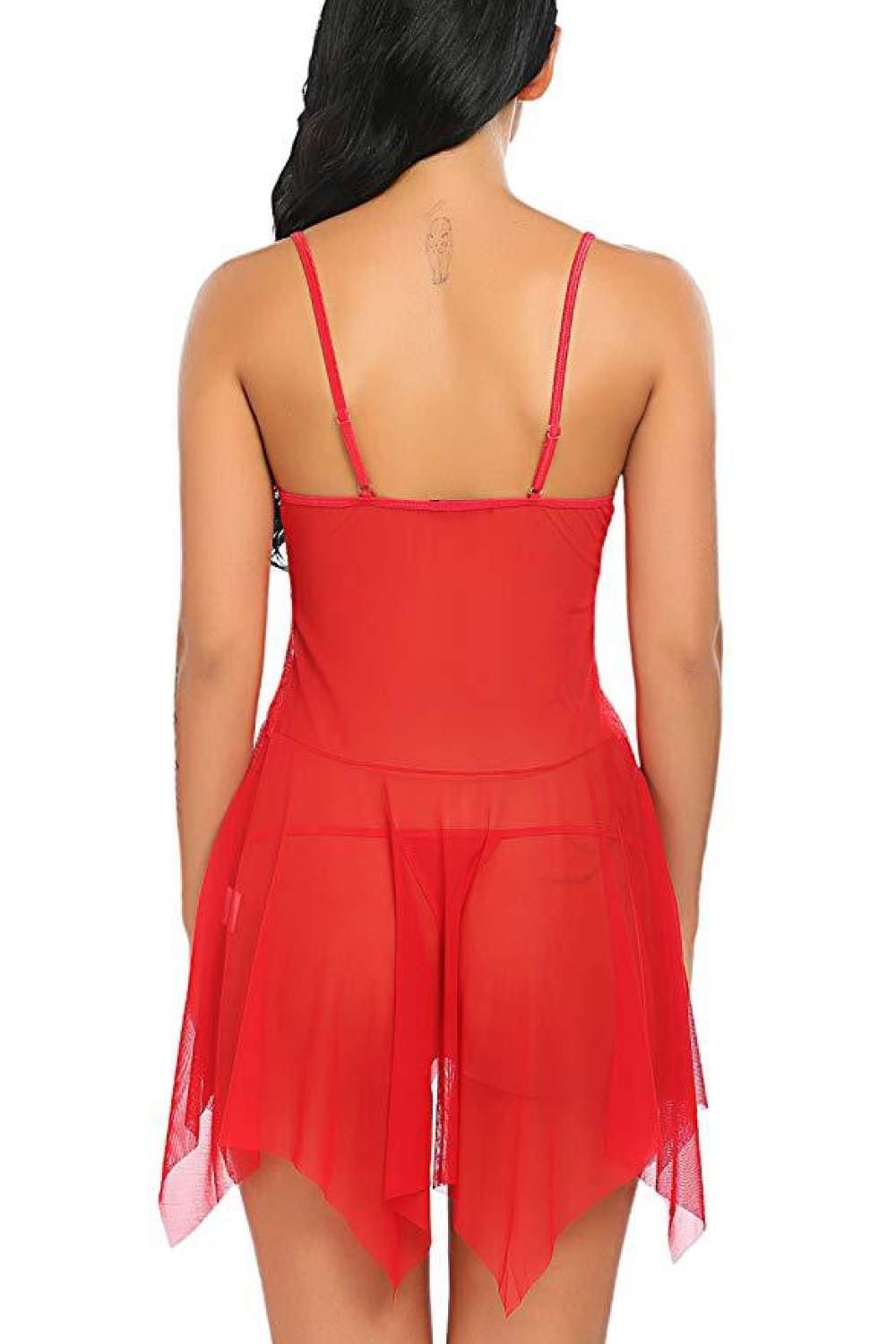 Camisón de Encaje con Escote en V, Tanga, Espalda Descubierta, Malla Transparente, Ropa Interior (Rojo XXL) S