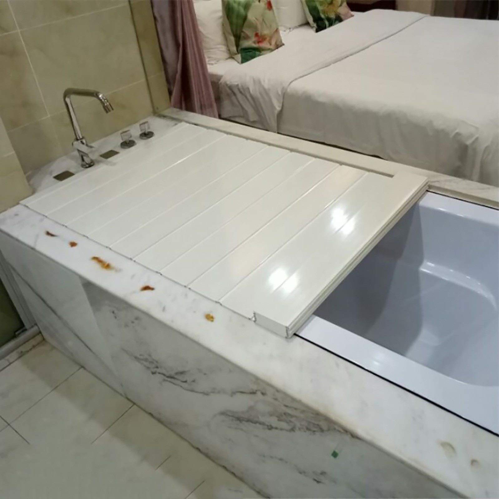 Bandeja de bambú para bañera con tapa plegable, cubierta de aislamiento antipolvo y diseño de obturador, PVC blanco, tamaño 142 x 80 x 0,6 cm