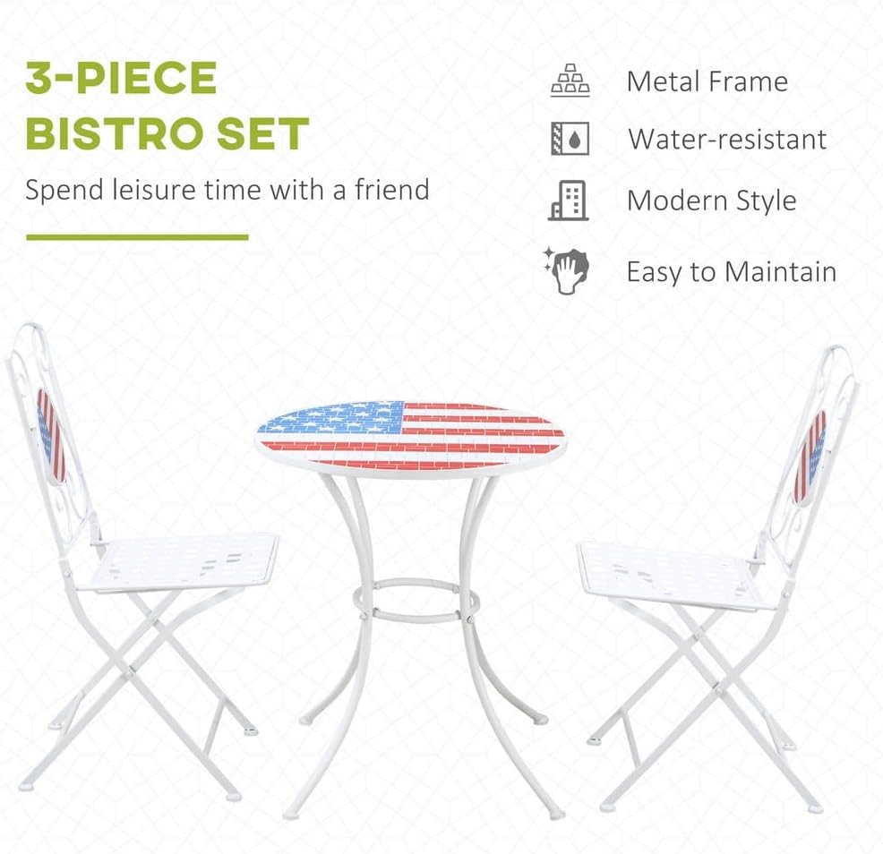 3pc Outdoor Patio Dining Set, Folding Chair 2, Table, American Flag Mosaic