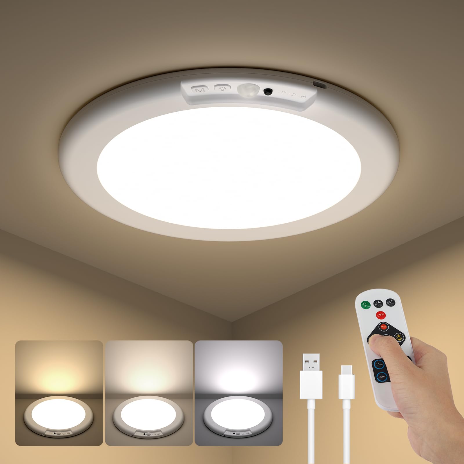 Kambo LED Deckenlampe mit Bewegungsmelder - Akku Deckenleuchte Innen USB