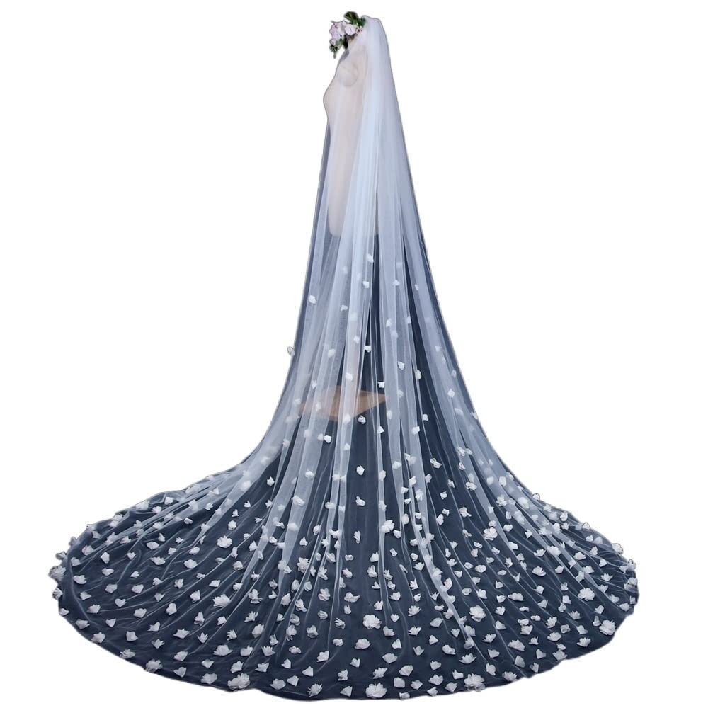 Velo catedral boda 3D flores de tela hechas a mano con peine para novia
