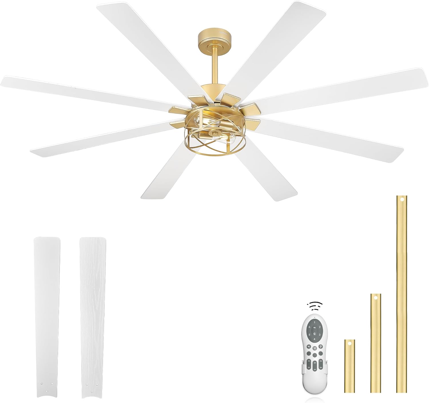 YOUKAIN Ceiling Fans with Lights, 72 Inch Farmhouse Ceiling Fans with Lights and Remote, 8-Reversible Blades, Gold Finish, Outdoor Ceiling Fan for Indoor/Outdoor Use, 72-YJ632-GDW