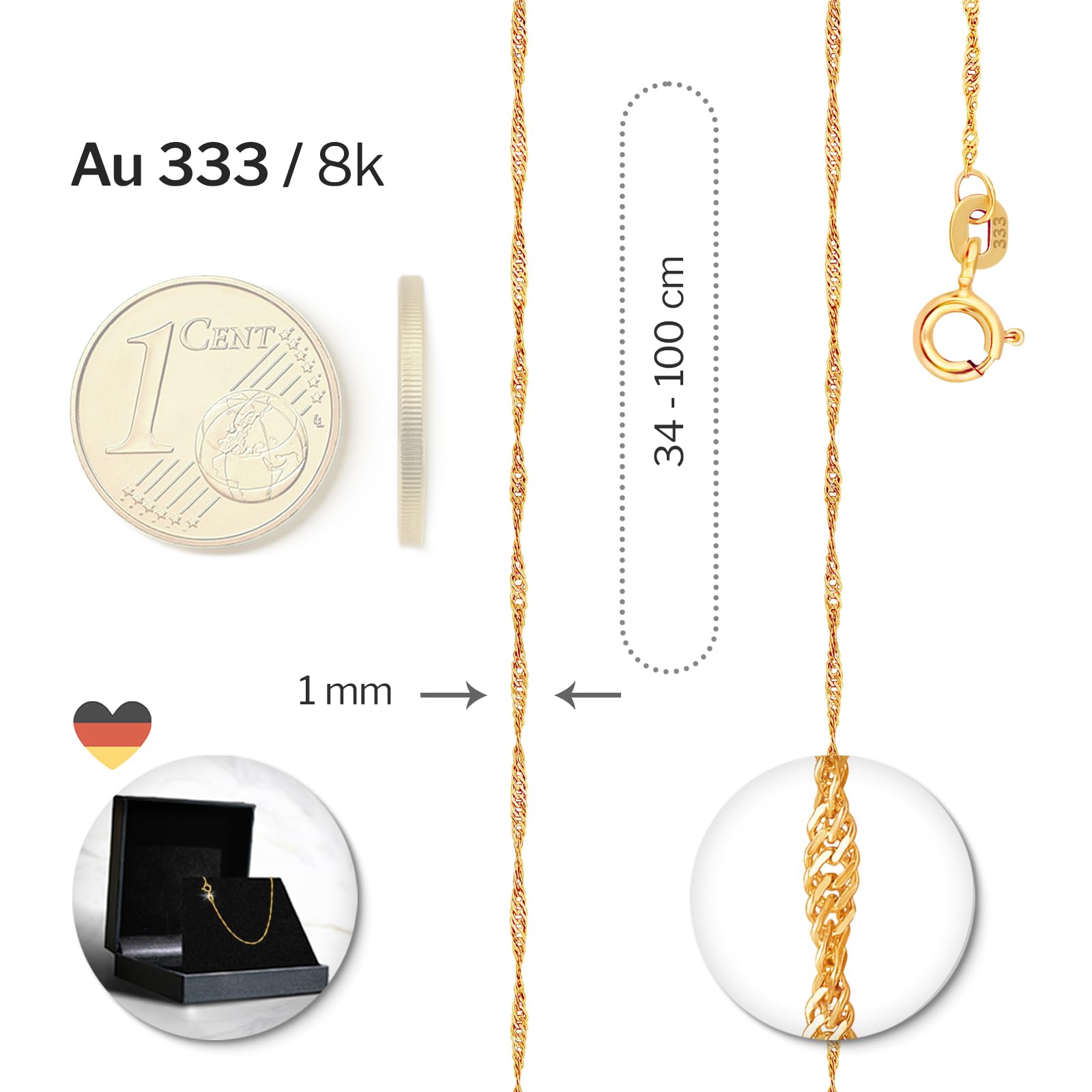 EDELIND Goldkette Damen 585 333 Echtgold - Singapurkette 1 mm Gelbgold auch 375, 750 - mit Geschenkbox