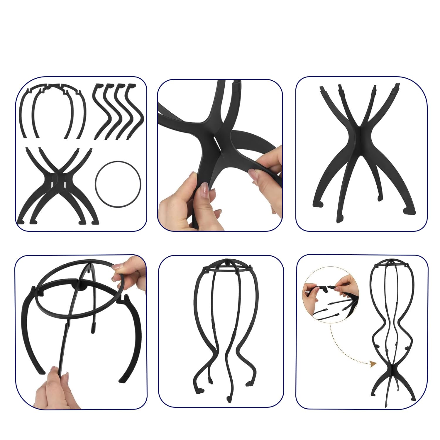 YUNYU Adjustable Wig Stand, 50 cm Tall, Plastic Display Head for Long Hair Foldable, 2-Pack, Black - Image 3