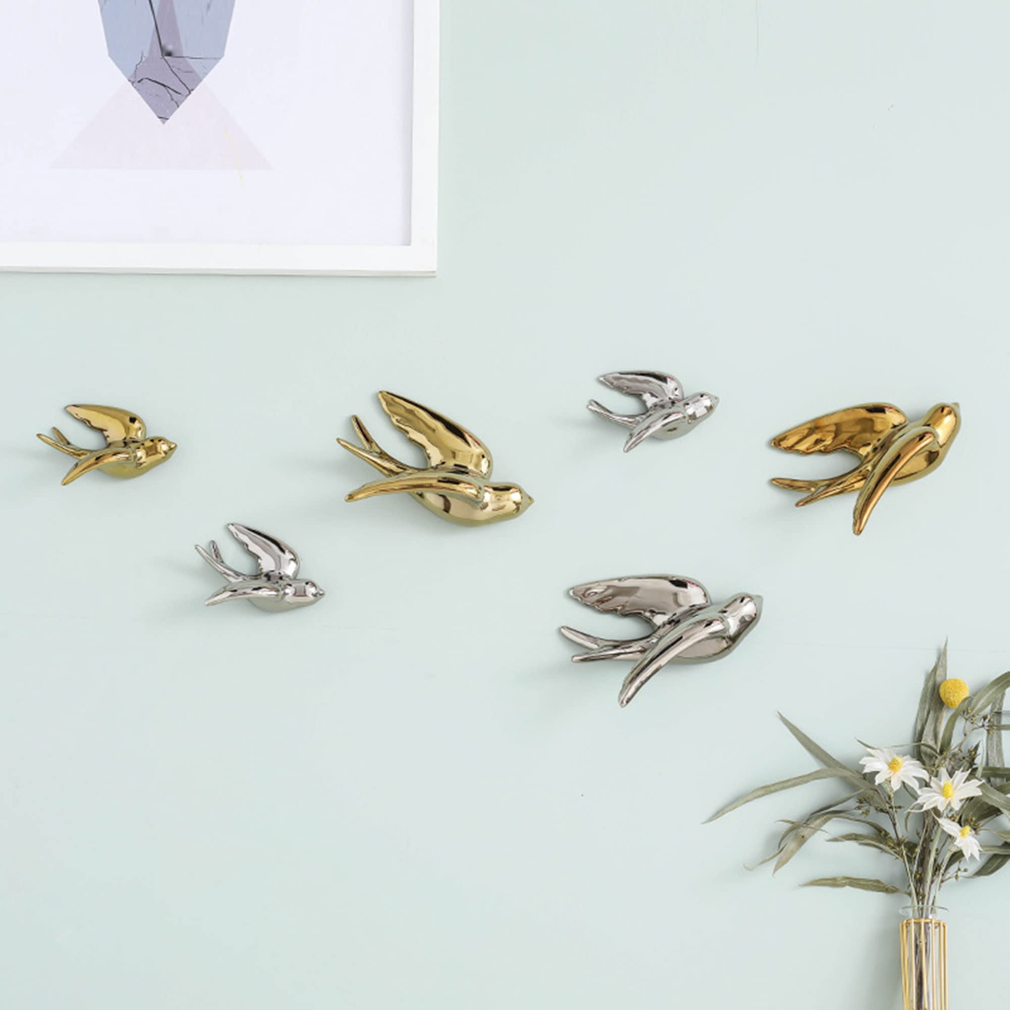 Dekoracje ścienne 3D, Ceramiczna dekoracja ścienna 3D z jaskółkami i wróblami do salonu(Silver Right,16.5L x 12.5W cm)
