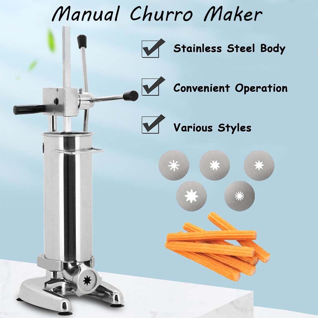 Máquina para hacer churros manual,comercial 2L 3L Manual Español Donut Churrera Churro Maker Machine con 5 tipos de moldes,Máquina para hacer churros española vertical acero inoxidable,3L