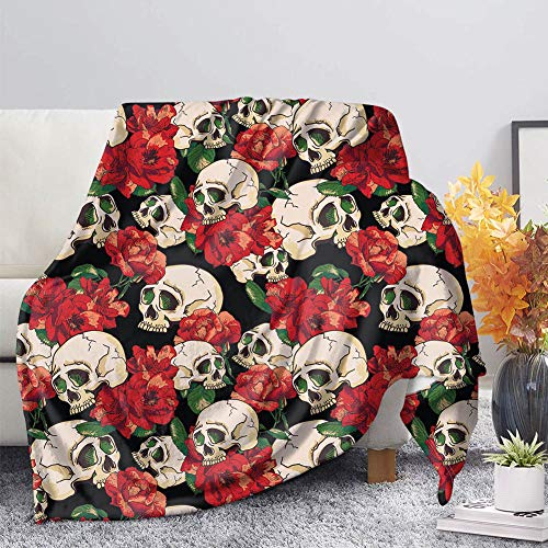Woisttop Couverture en flanelle polaire polaire pour canapé, chambre à coucher, séjour rom, canapé Motif tête de mort florale Noir