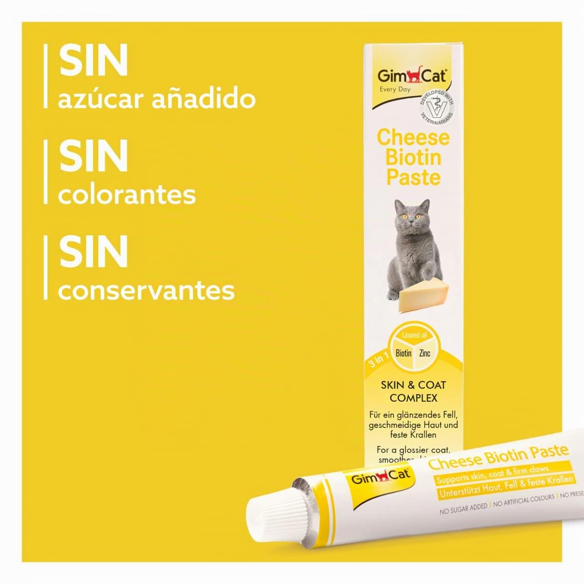 GimCat Cheese Biotin, pasta de queso con biotina - Con queso aromático, zinc y aceite de linaza para pelaje, piel y garras - 1 tubo (1 x 200 g)