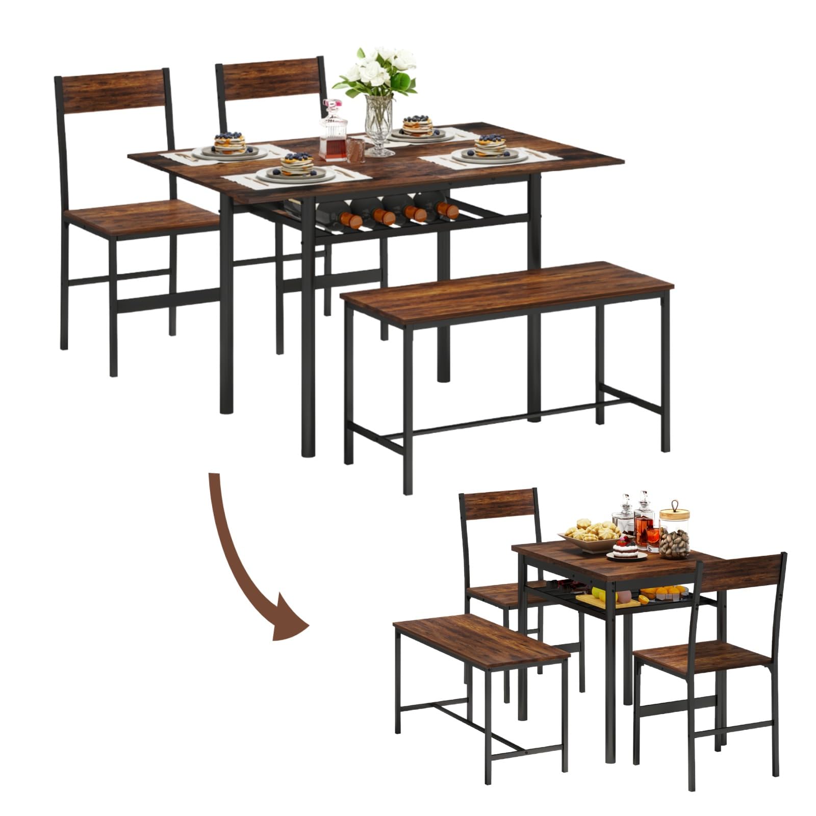 YU YUSING Table Pliante Extensible de Salle à Manger (60-120)x75x76cm avec 2 Chaises et 1 Banc - Ensemble de 4 Meubles - Bois et Métal - Marron Rustique