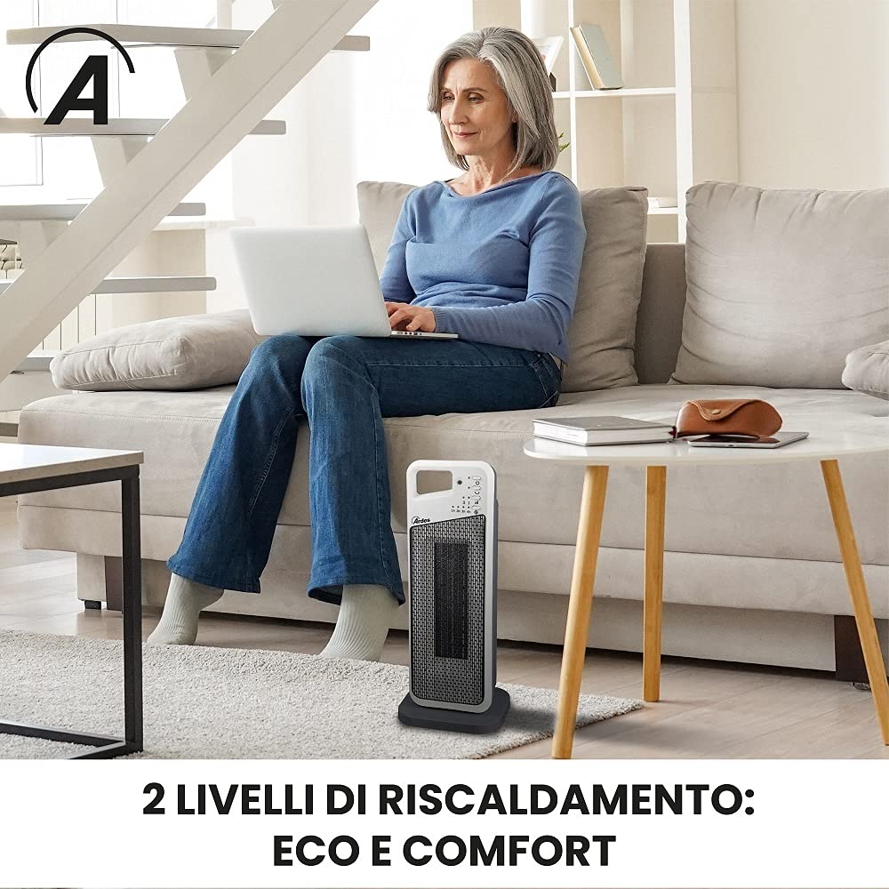 Ardes AR4P12R Handle Termoventilatore Ceramico PTC Oscillante a Torre, 2 Potenze e Telecomando con Display Temperatura, 2000 W, Grigio con Dettagli