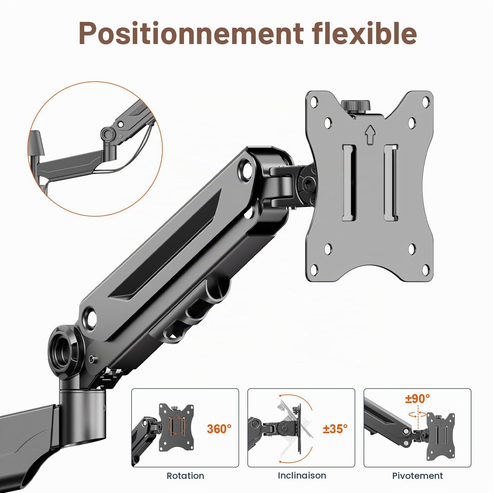 PUTORSEN Support Mural Ecran PC de 17-42 Pouces Écran PC et TV, Bras Ecran PC, Support Ecran PC Mural, Inclinaison, Pivotement, Rotation et Hauteur Réglable, Load 12KG, VESA 75/100