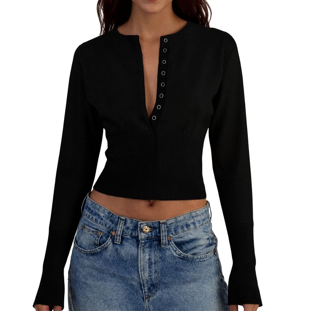 Women Button Down Cropped Cardigan Y2K Long Sleeve Crew Neck Ribbed Knit Sweater Cinched Waist Pullover Shirt