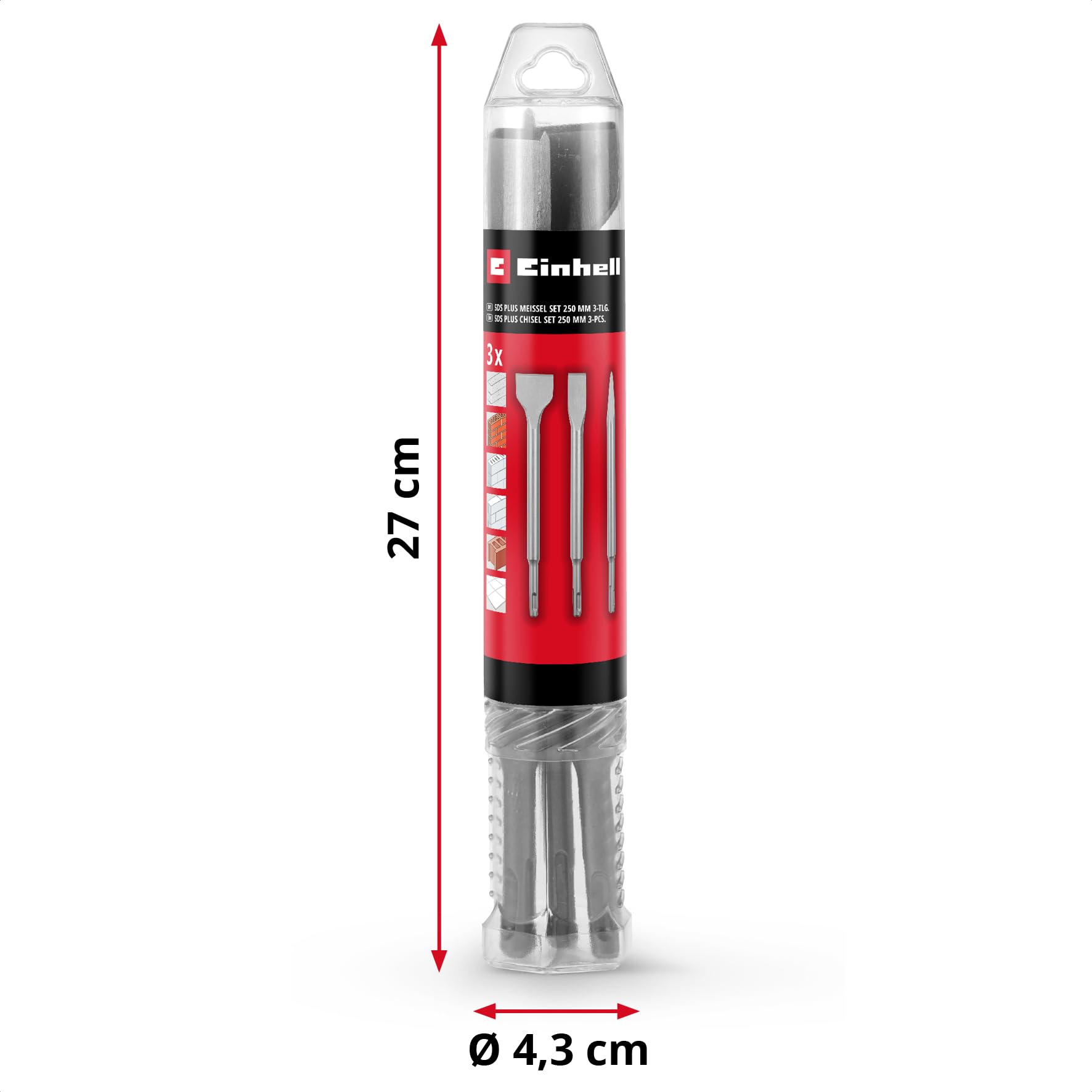 Originale Einhell set di 3 scalpelli SDS Plus, 250 mm (con punta, lama piatta larga 20 mm e lama da scavo larga 40 mm in acciaio 40Cr per lavori di demolizione e ristrutturazione)