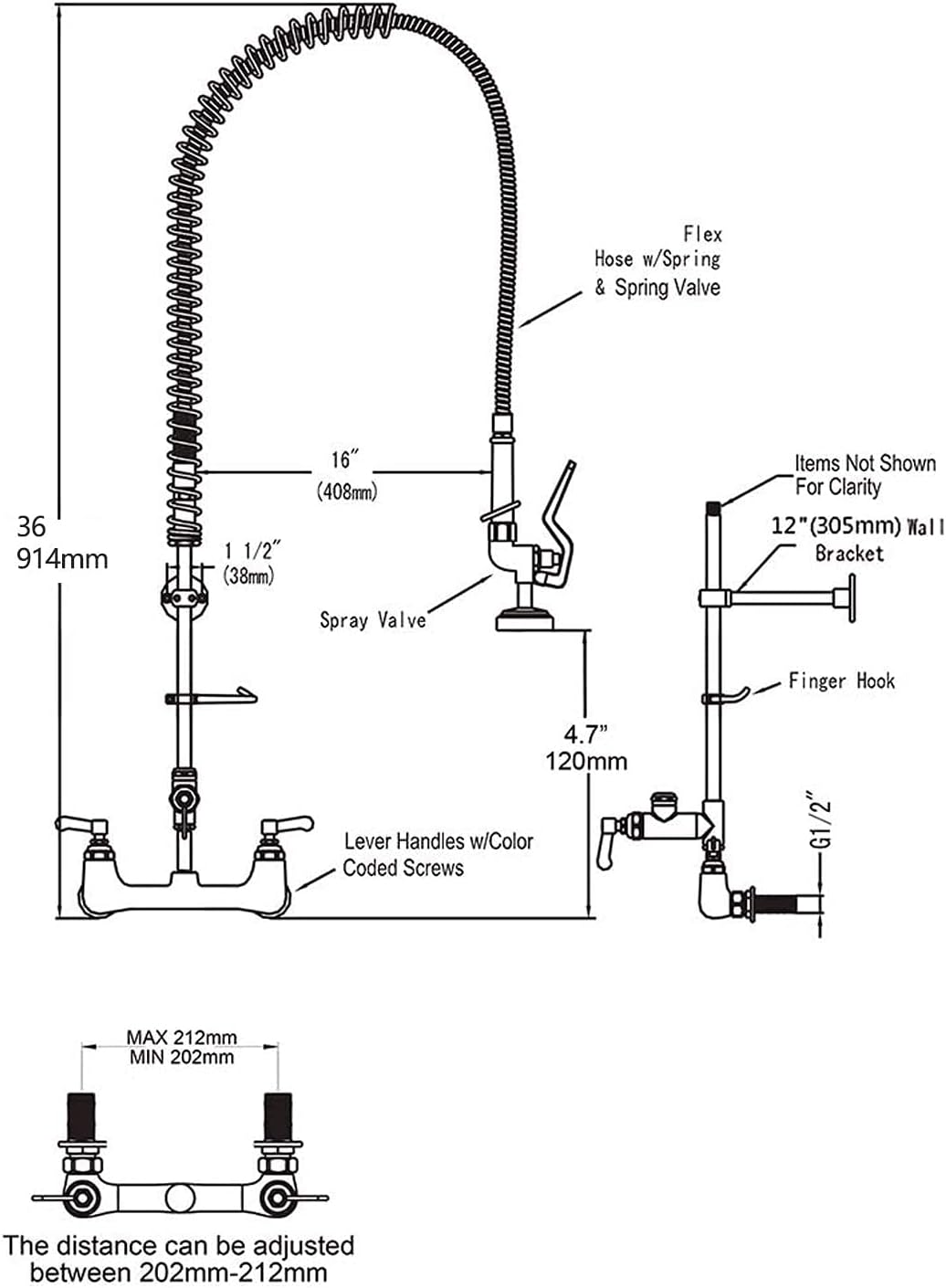 36" Height Commercial Sink Faucet with Pre Rinse Sprayer, 8 Inch Center Commercial Wall Mount Kitchen Faucet with 12” Swing Spout 3 Bay Commercial Compartment Sink Faucet for Restaurant Industrial