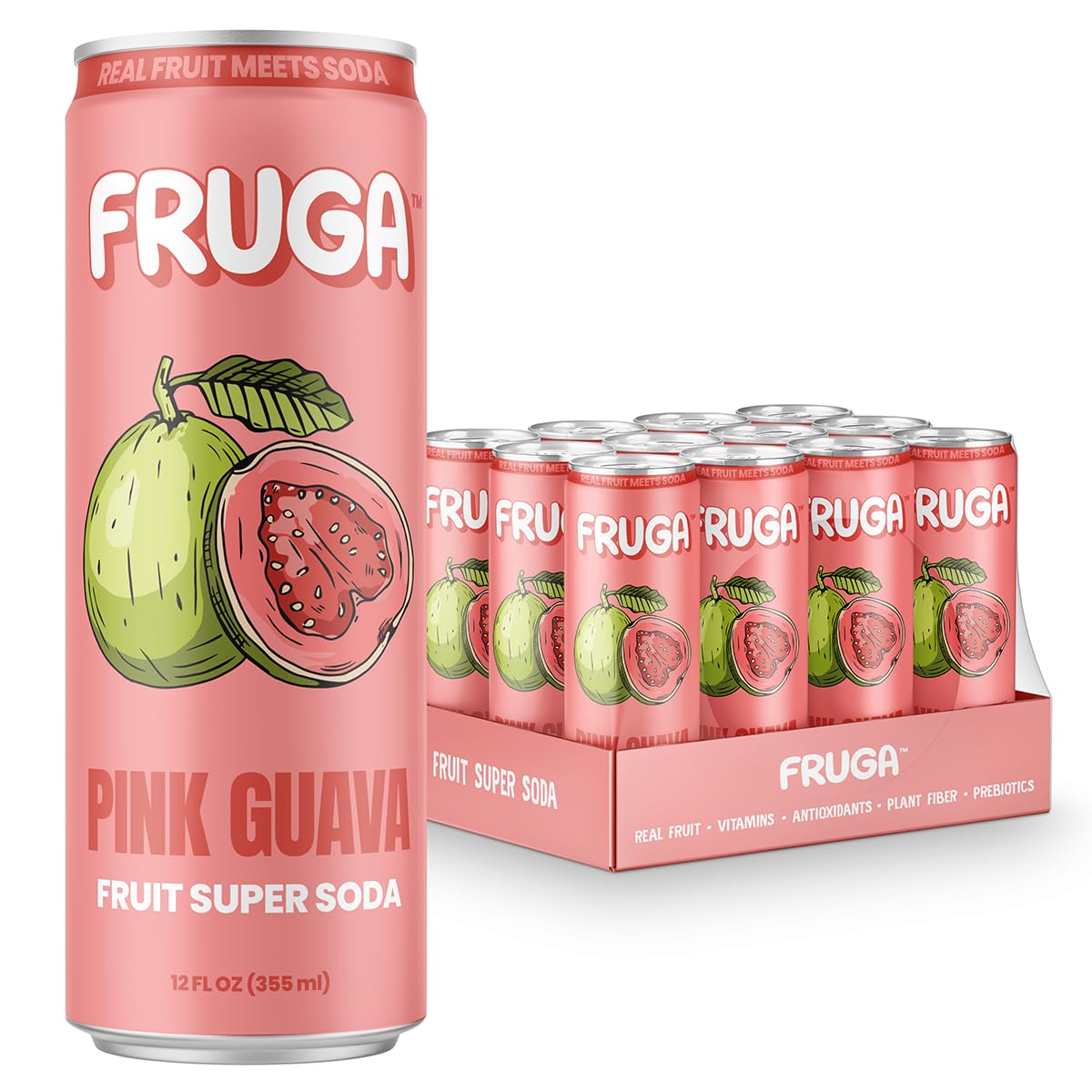 FRUGA Pink Guava Sparkling Fruit Super Soda, Prebiotic Soda, Low Calorie, Healthy Soda Benefits and Vitamin Boost, 12 Fl Oz (Pack of 12)