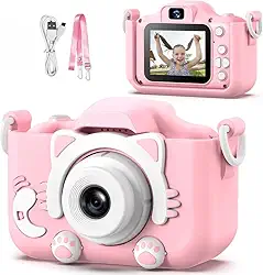 Câmera Digital Infantil Portátil – Recarregável, Com Tela LCD, Jogos e Vídeo HD – Presente Criativo para Crianças de 4 a 12 Anos – Antichoque, Fácil de Usar (Rosa)