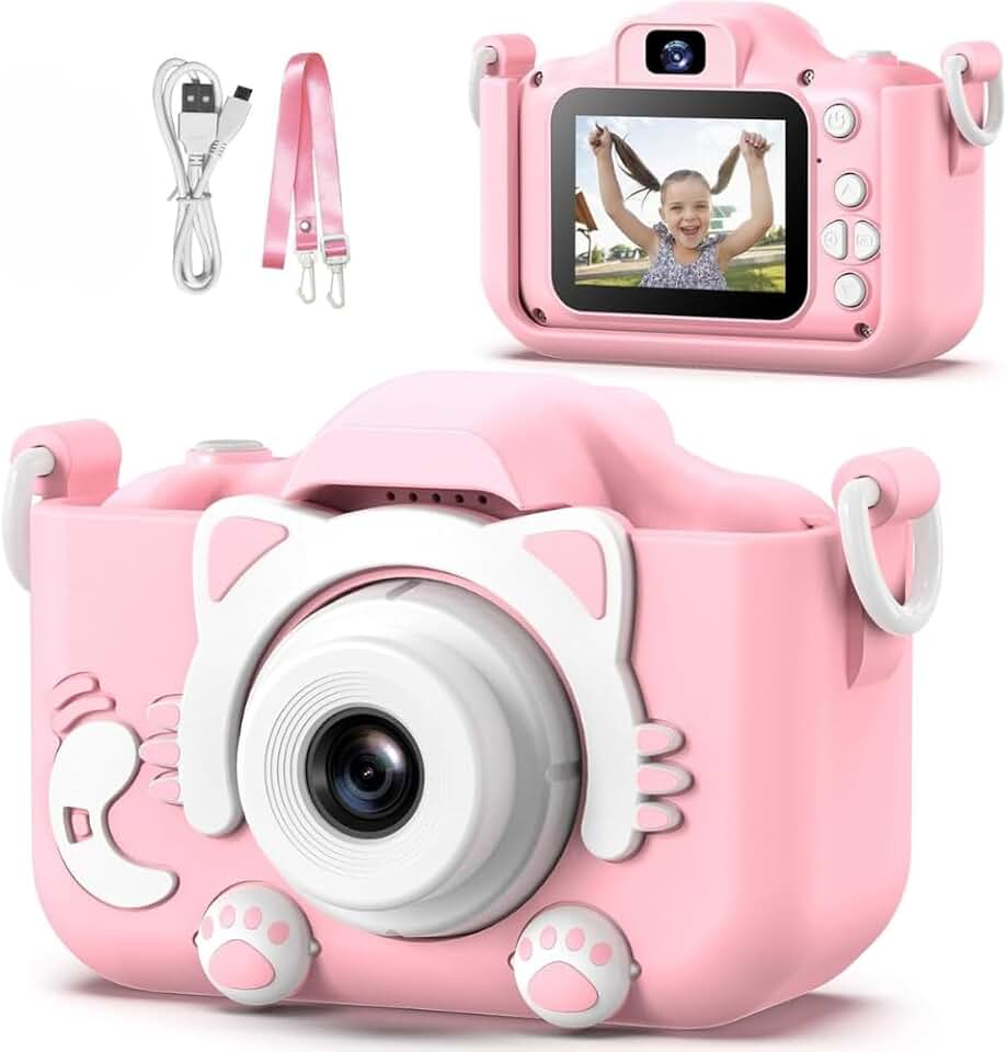 Câmera Digital Infantil Portátil – Recarregável, Com Tela LCD, Jogos e Vídeo HD – Presente Criativo para Crianças de 4 a 12 Anos – Antichoque, Fácil de Usar (Rosa)