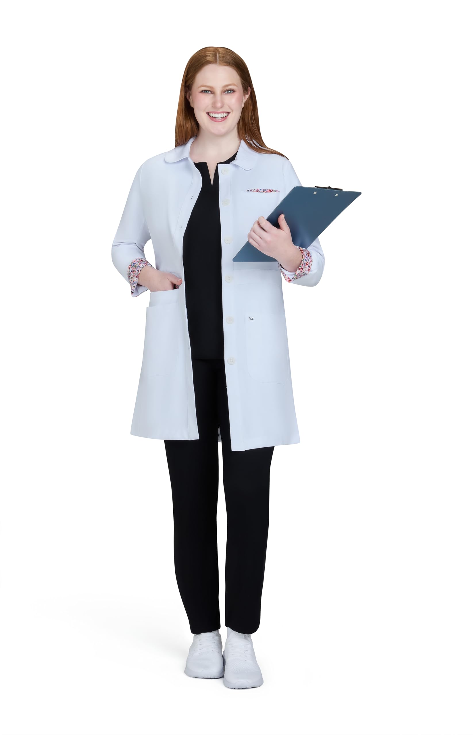 KOI Essentials Fusion - Bata de laboratorio nacarada con botones frontales y 4 bolsillos de 34.5 pulgadas para mujer