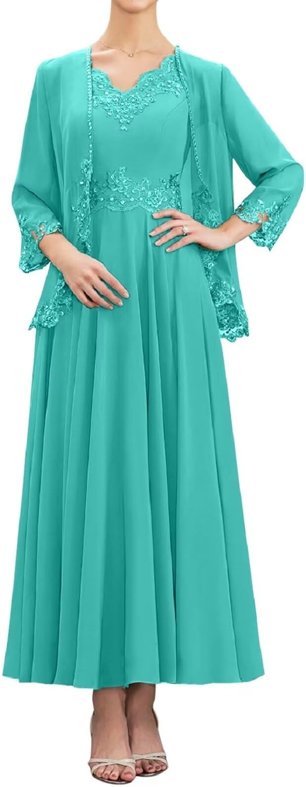Dexinyuan2 Piece Mother of The Bride Dresses for Wedding Lace Chiffon Tea Length Formal Evening Gowns with Jacket
