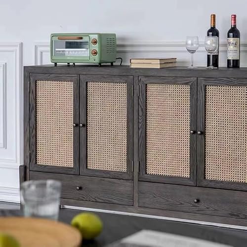 DUBTEDHOU Chinese Solid Wood Sideboard Kitchen Cabinet, Four-Door Rattan Wood Storage Cabinet Buffet Sideboard 62.99x17.71x39.37 Inch - Image 9