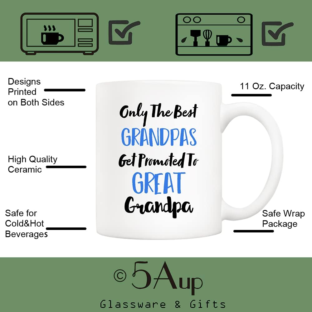5Aup Fathers Day Great Grandpa Mug from Grandchild Granddaughter Grandson, Only The Best Grandpas Get Promoted To Great Grandpa Coffee Cup for Grandfather 11 Oz
