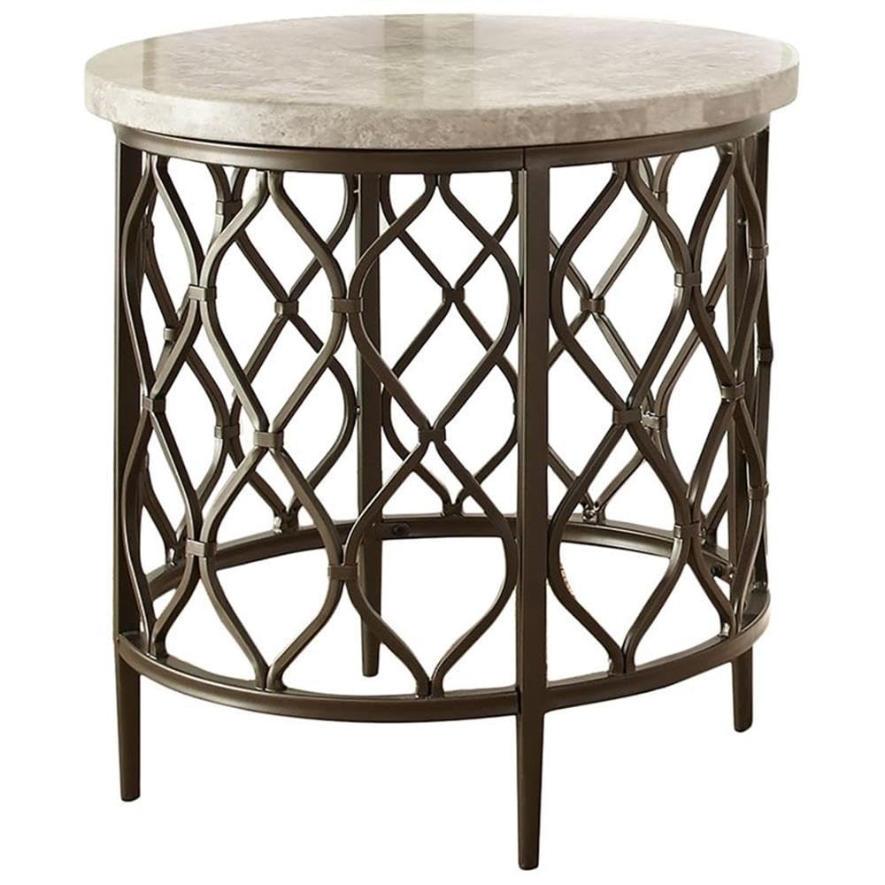 Steve Silver Furniture Roland Round Marble Stone Top with Bronze Metal Base End Table, Bronze Metal Base, Mordern Design, Living Room, 24" L x 27.25" W x 23" H, White,