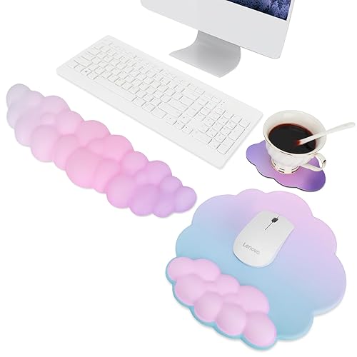 Cloud Keyboard Wrist Rest Mouse Pad Wrist Arm Support Set with Ergonomic Cute Memory Foam for Computer Office Laptop Gaming Cyan Purple Pink - Blue/Pink/ Purple