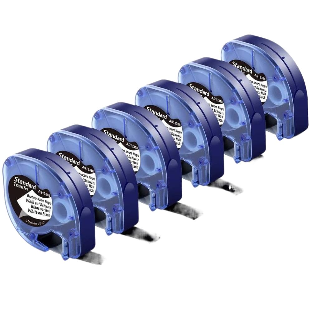 Nastro per etichette, confezione da 6, bianco su nero, 12 mm x 4 m, in plastica nera, compatibile con l'etichettatrice LT-100H.