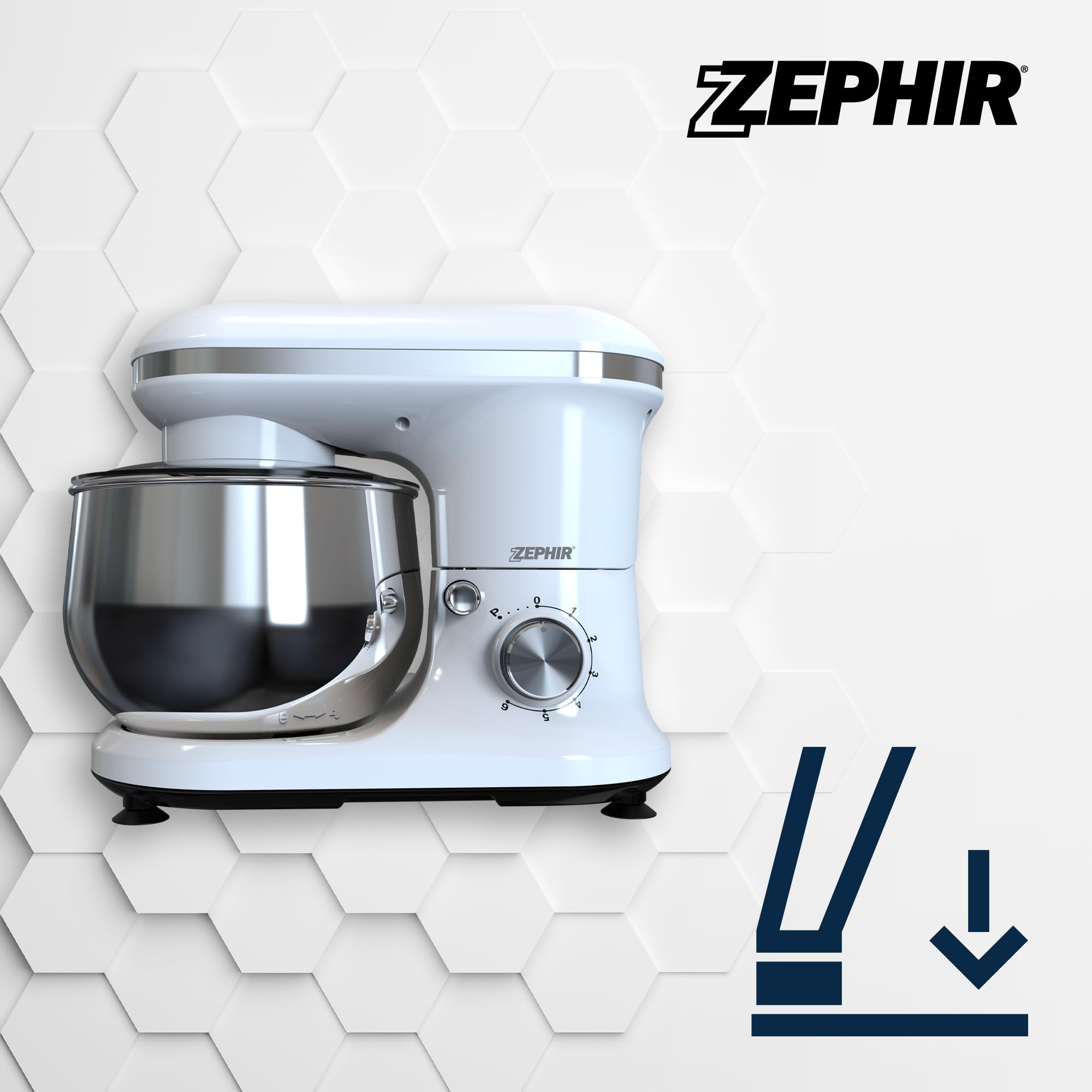 Zephir Impastatrice Deluxe 1000W con Ciotola in Acciaio 5,0L, 6 Velocità + Pulse, Accessori Inclusi, Ingranaggi in Acciaio, Corpo in ABS