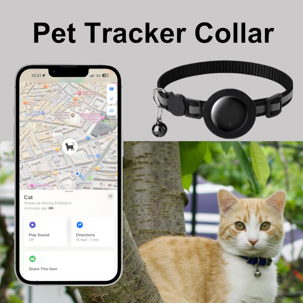 Collar de rastreo para gatos, collar de gato con etiqueta de buscador (solo iOS), compatible con Apple Find My, sin tarifa mensual, collar de gato impermeable con patrón reflectante y rosa campana