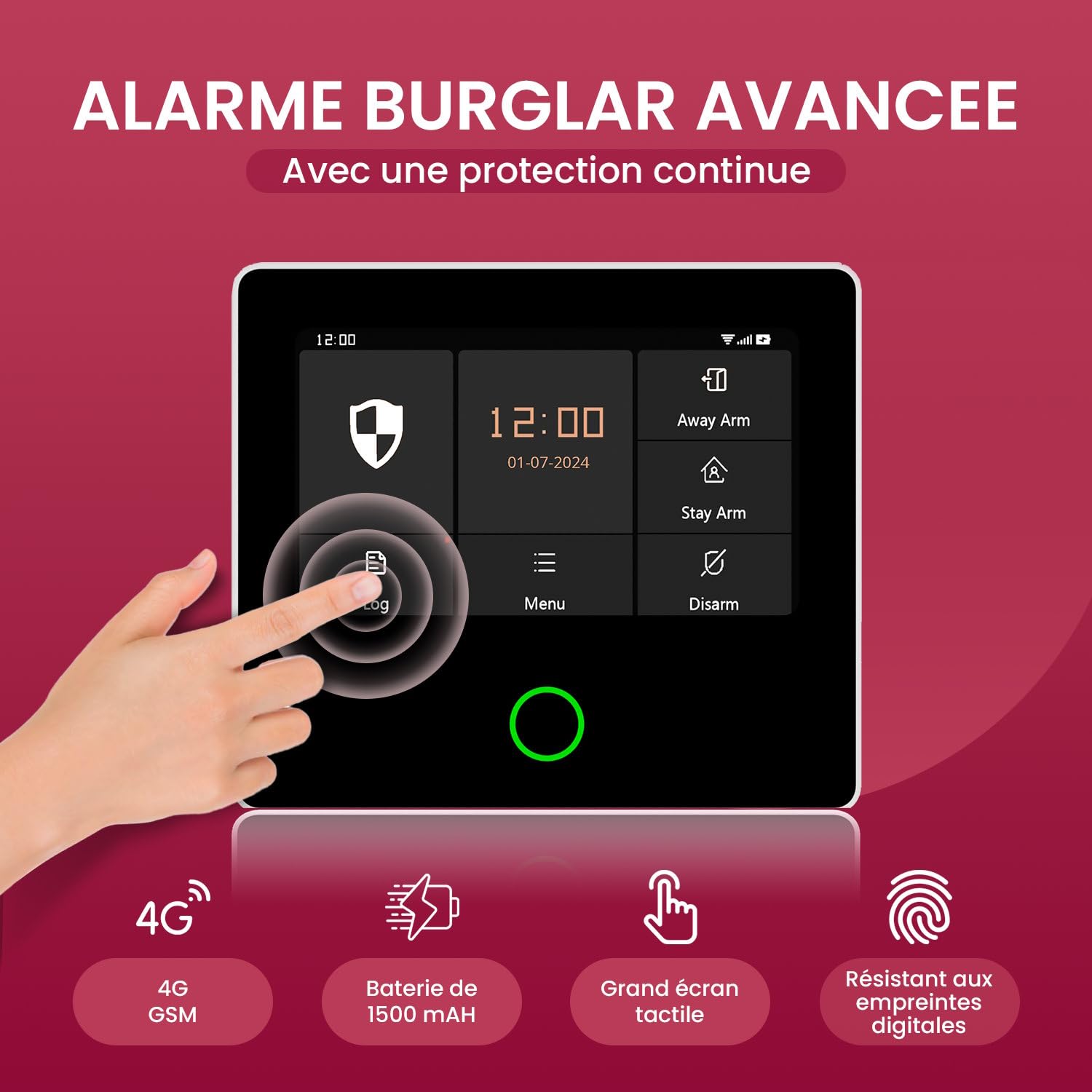Système Alarme Maison sans Fil WiFi et GSM 4G sans Abonnement, Kit d'alarme Anti-Intrusion avec Écran Tactile et Batterie 1500 mAh. Application Tuya Smart Life, Alexa, SQ4324C