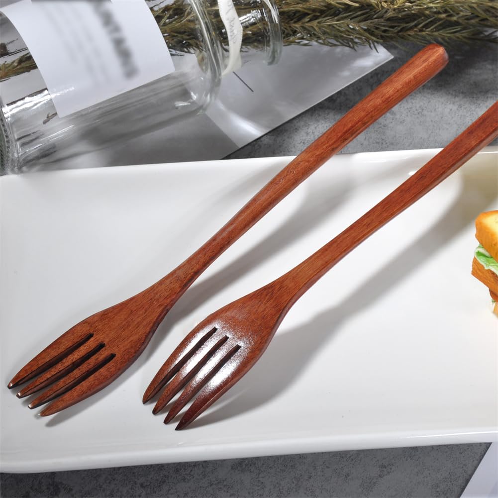 2 Pieces Wooden Forks, 8.8"" Wood Utensils Set, Kitchen Dinner Fork for Food, Desserts, Salad, Fruit, Wood Cutlery for Travel, Brown — Amazon image 5