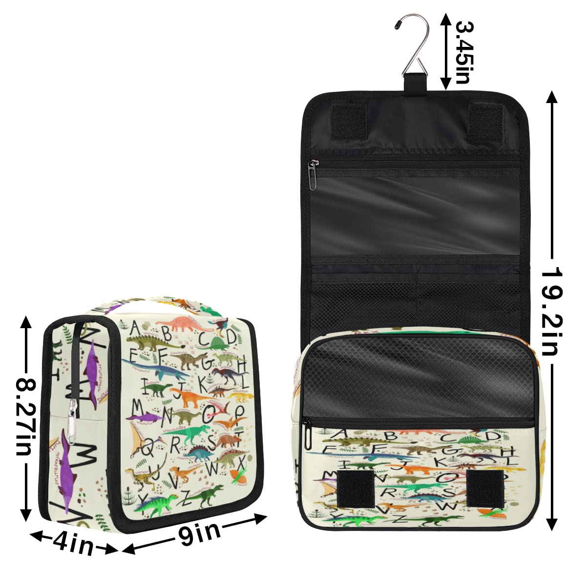 Dinozaury Podróżna kosmetyczka Alfabety Dinozaury Mycie Torba Unisex Wiszące przybory toaletowe Kosmetyczka Organizer do makijażu, wielobarwny, Jeden rozmiar