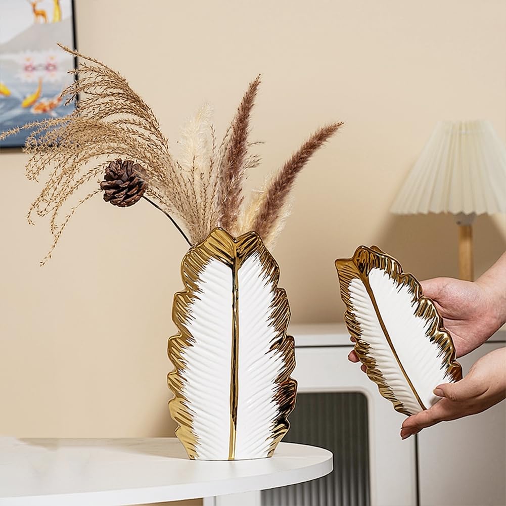 Set di 2 vasi in ceramica, moderno boho nordico, decorazione per soggiorno, matrimonio, cena, tavolo, feste, ufficio e camera da letto (Bianco e oro)