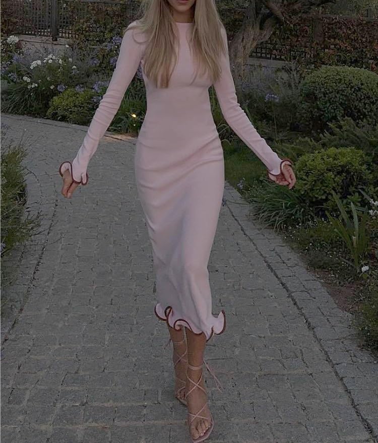 Amazon.com: HENGEN Sexy Backless Ruffles Maxi Dress for Women Pink Long  Sleeve Evening Dress Female Autumn Skinny Elegant Party Clubwear(Pink,Small)  : Clothing, Shoes & Jewelry