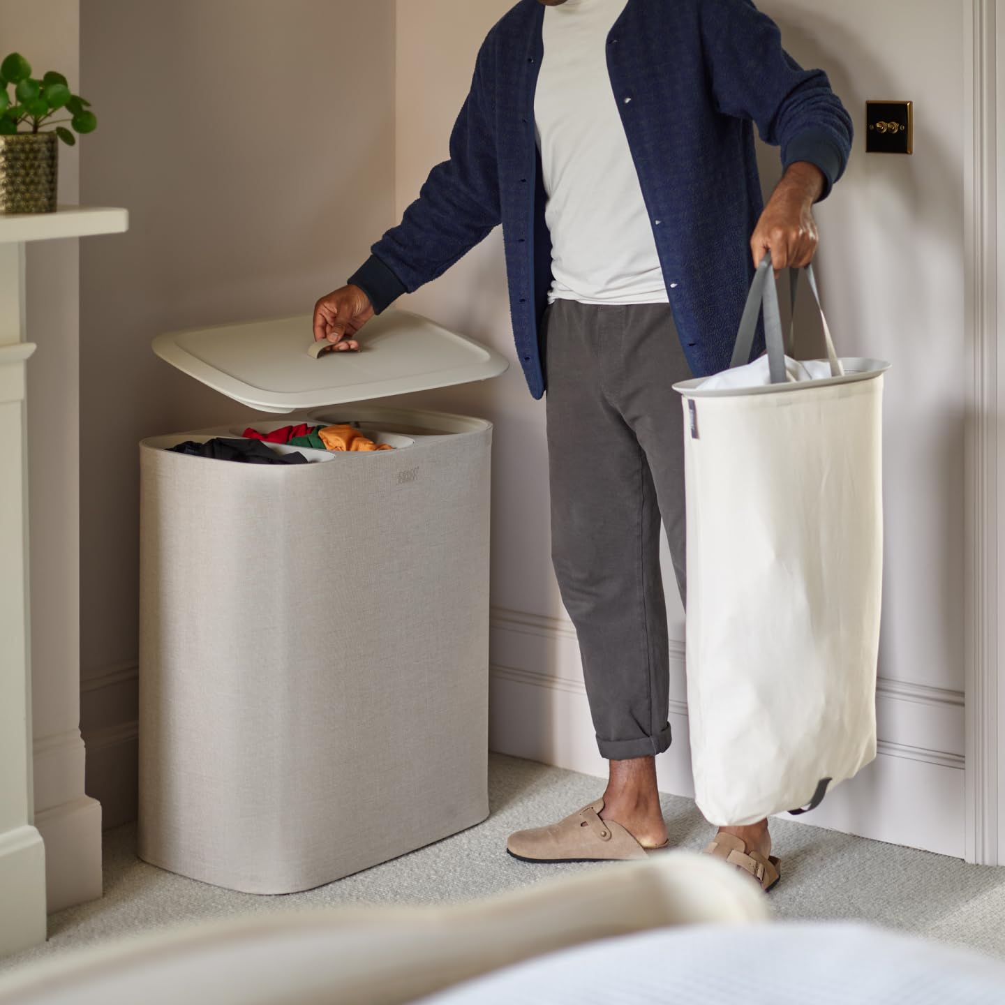Joseph Joseph Tota Trio 90 liter/23.8 gallon Laundry Hamper Separation Basket with lid, 3 Removable Washing Bags with Handles- Ecru Product Image 2