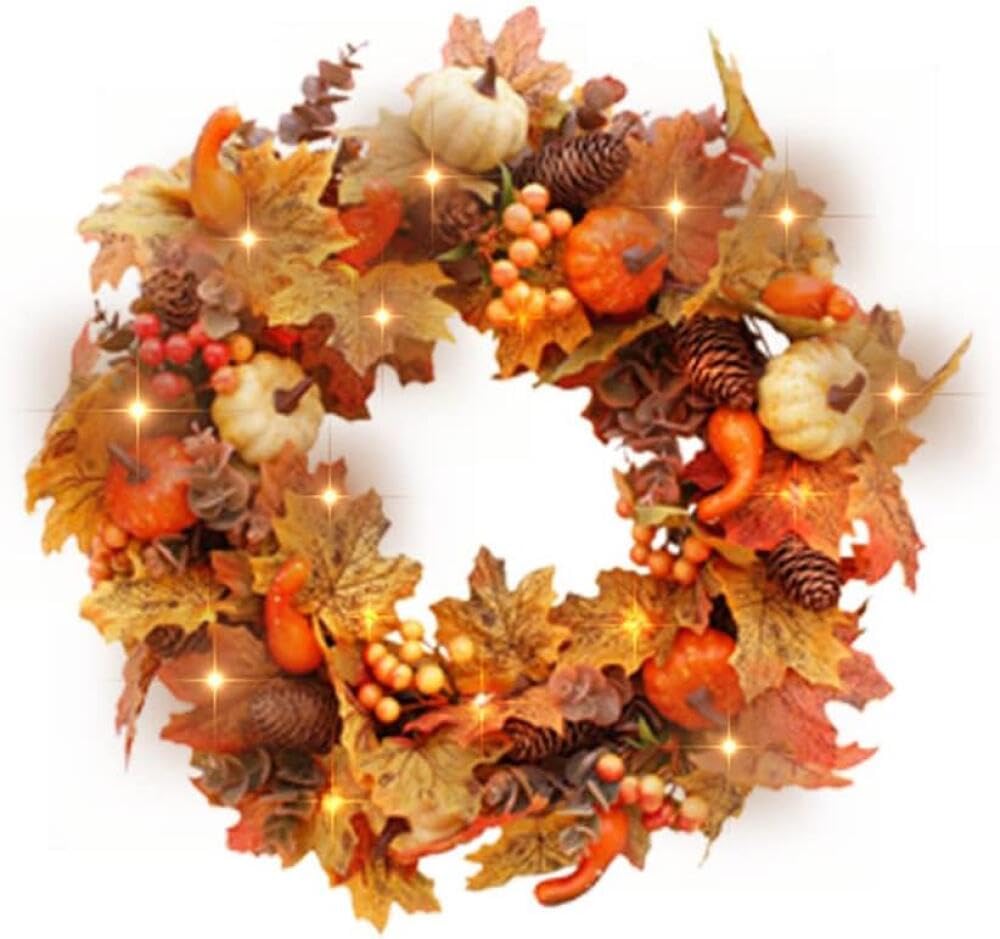 Autumn Wreath for Front Door 40cm Artificial Maple Leaves with Light Door Wreath Autumn Pumpkins Berries Pine Cones Decorations for Front Door Thanksgiving Decor for Halloween/Christmas/Wedding-Xing