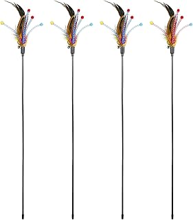 POPETPOP Cat Teaser Toys 4pcs Feather Teaser Cat Toy with Bell Tassels Cat Feather Toy Wand Feather Interactive Catcher Teaser for Kitten Cat (Random Color) Interactive Toy