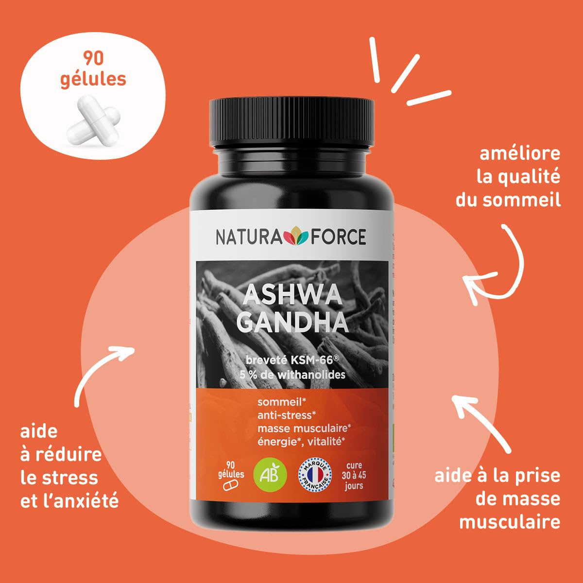 Ashwagandha Biologique KSM-66 en Gélules Végétales - Améliore la Qualité du Sommeil, Aide à Réduire le Stress et l’Anxiété - Pur Extrait de Racine d’Ashwagandha - 3 x 90 gélules