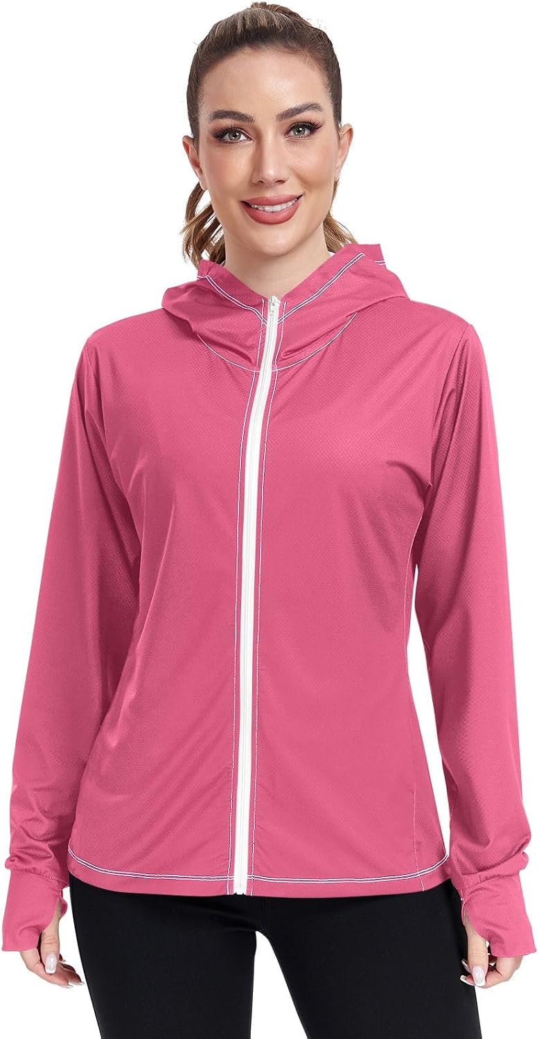 ODAWA Womens Upf Hoodie Spinel Red Lightweight Full Zip Running Jacket Womens Spf 50 Shirts Long Sleeve Lightweight