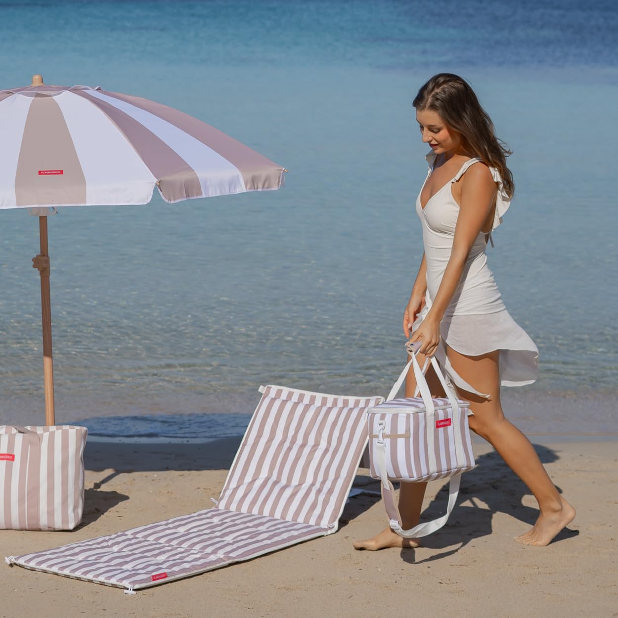 Flamingueo Borsa Termica - Per Spiaggia, Piscina e Picnic - Capacità 12L - Mantiene il Freddo 4 Ore - Numerose Tasche - Doppi Manici - Poliestere - Beige