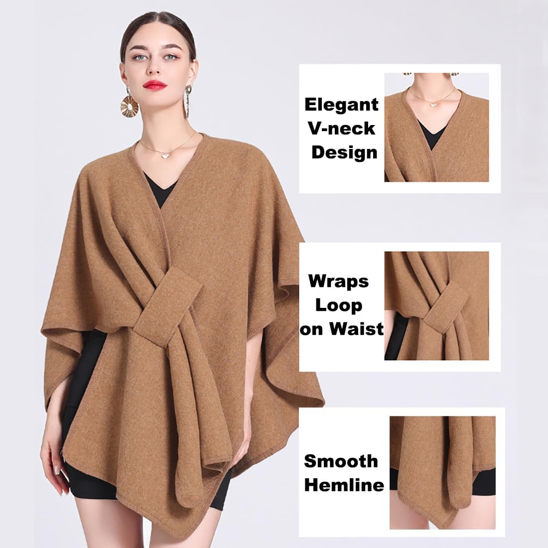 Women's Open Front Cardigan Shawls Elegant Solid Color Poncho Ruana Cape Plus Size Knit Wraps for Fall Winter - Image 4
