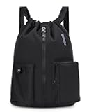 Drawstring Backpack Sports Gym Bag with Shoes Compartment, Water-Resistant String Beach Sackpack Swim Bag for Women and Men (Black)