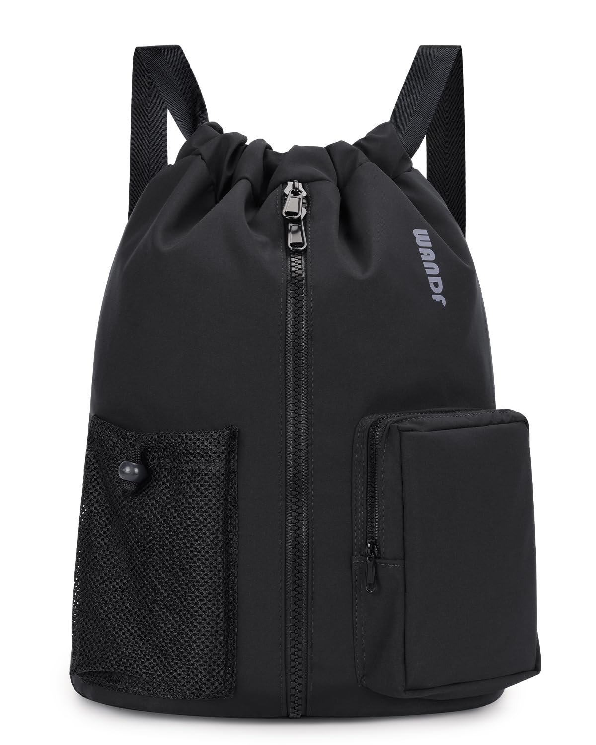 WANDF Drawstring Backpack Sports Gym Bag with Shoes Compartment, Water-Resistant String Beach Sackpack Swim Bag for Women and Men (Black)