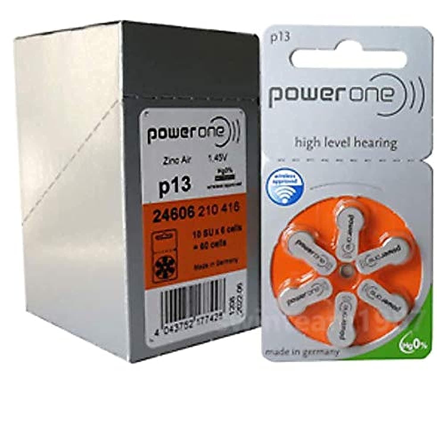 60x Genuine PowerOne Hearing Aid Batteries, PR48, P13, Size 13