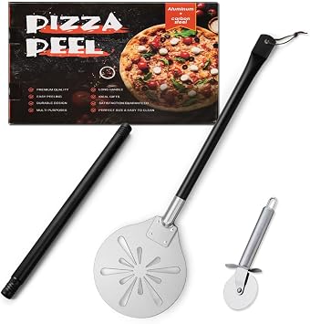 Pizza Peel with Pizza Cutter Wheel, HaSteeL 8-Inch Perforated Pizza Turner Spatula with Long Handle, Lightweight Stainless Steel Paddle Spinner for Home & Commercial Pizza Oven Accessories, Food Grade